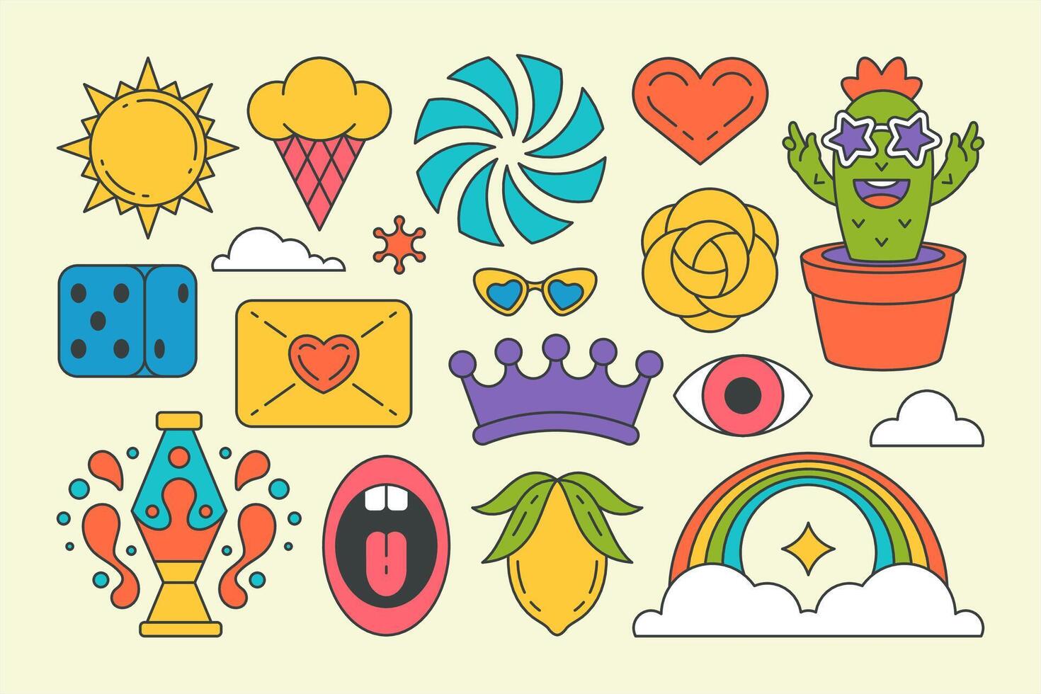 Set multicolored pop art contoured graphic elements decorative design groovy sticker cartoon vector