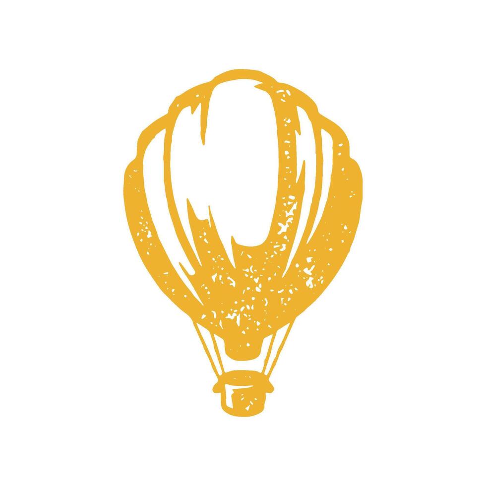 Flying ornamental yellow hot air balloon with basket hand drawn grunge texture illustration vector
