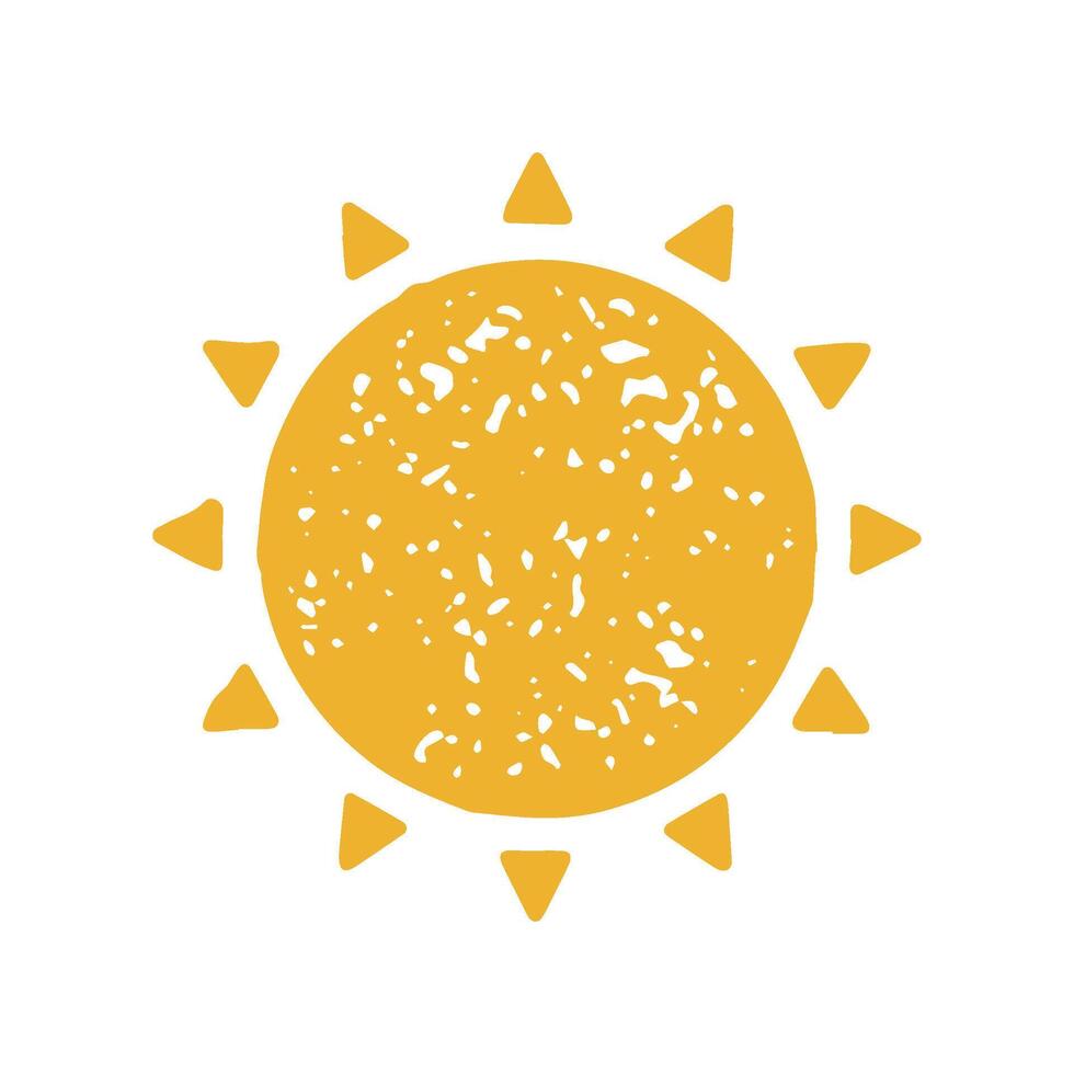 Cute big yellow decorative round sun with triangle beams hand drawn minimalist design grunge texture vector