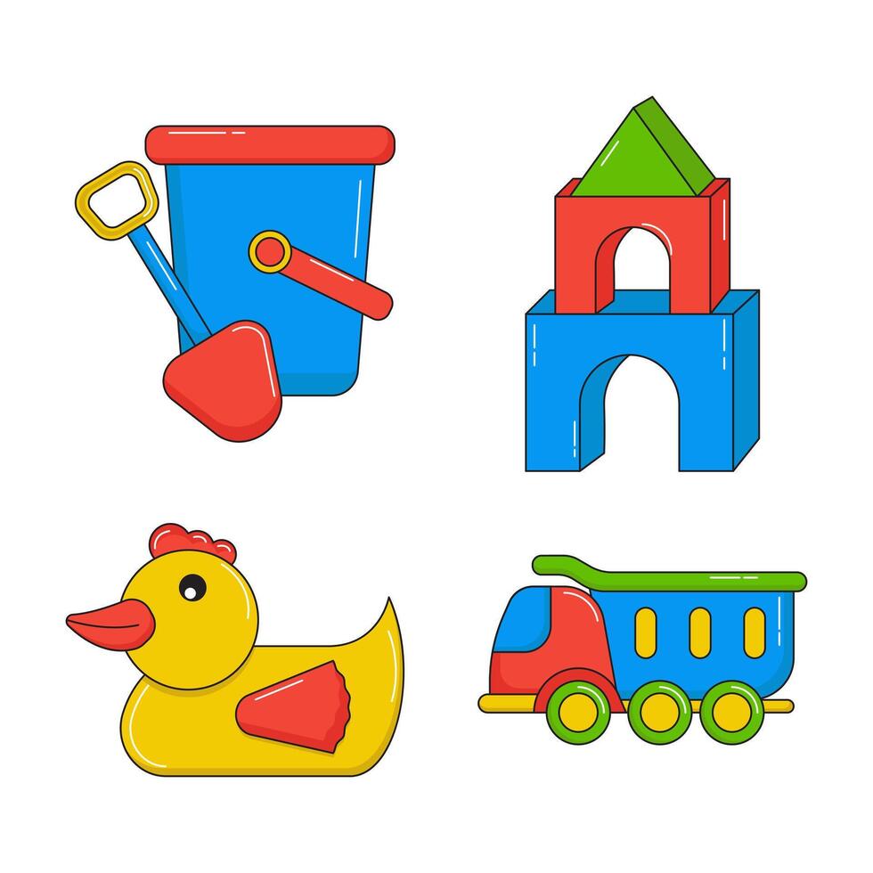 Set Of kids toy objects Sand Bucket And Shovel, Block Castle Toy, Toy Rubber and Toy Truck. vector