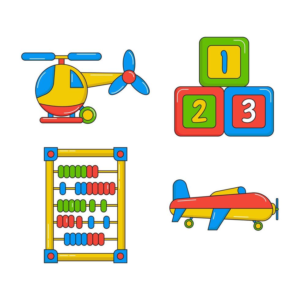 a set of toys and objects including a plane, helicopter, and a number vector