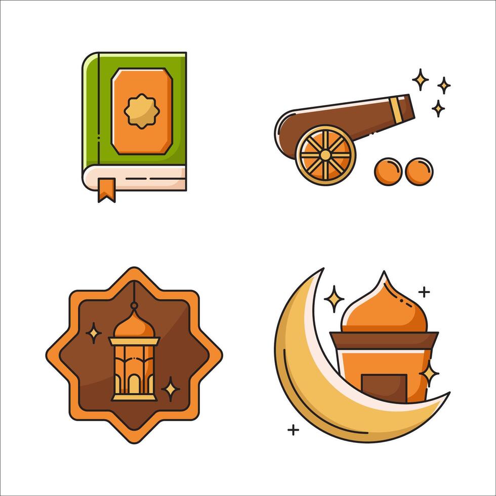 Ramadan Icon Set Style Line Color Objects Al quran, Cannon, lantren and mosquet. vector