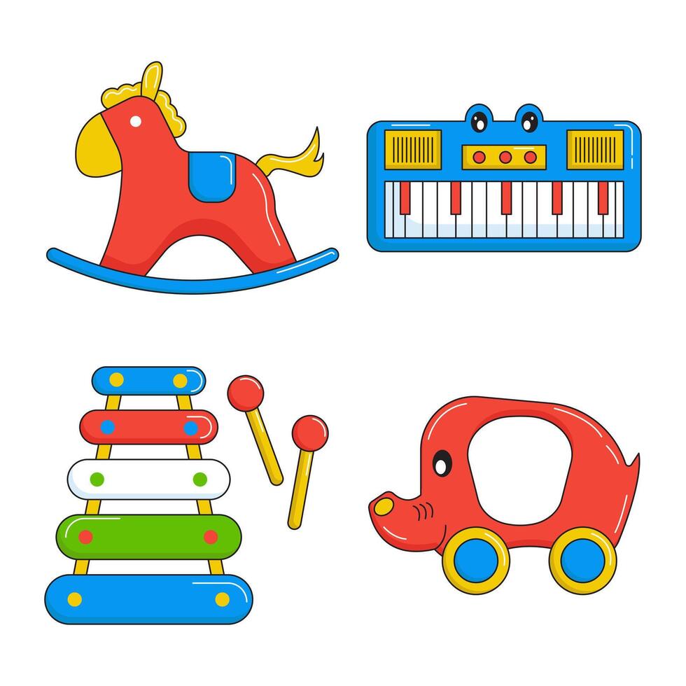 a set of toys including a rocking horse, toy piano and toy piano vector
