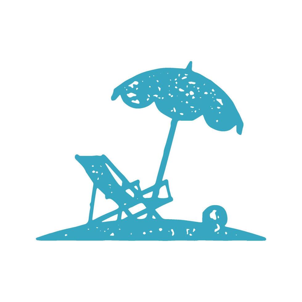 Summer chaise lounge with ball under umbrella beach leisure sunbathing relaxing blue grunge texture vector