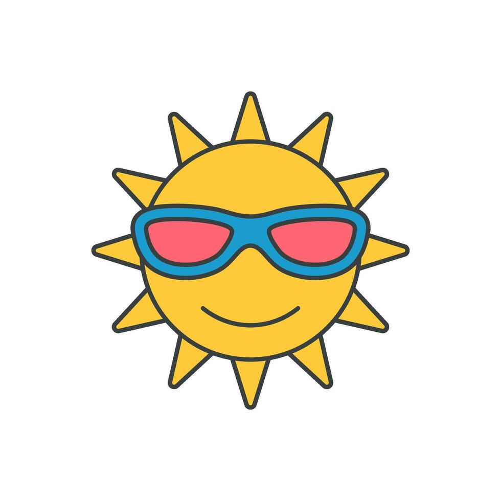 Fashion yellow sun character in sunglasses with beams pop art style t shirt print flat vector