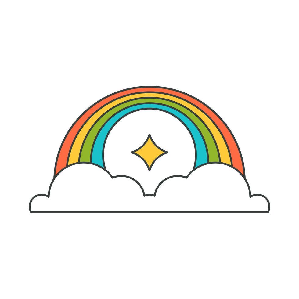 Curved bright striped rainbow with shining star fluffy cloud sky weather pop art groovy style vector