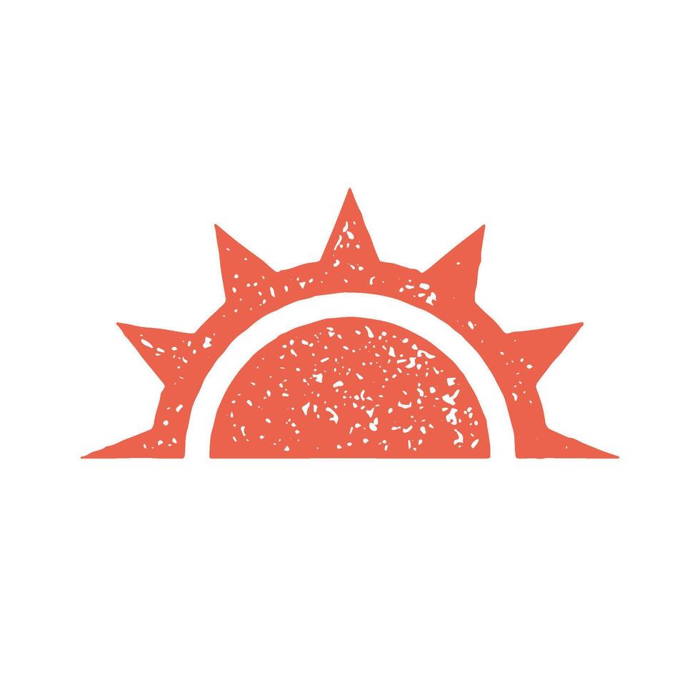 Red bright half sun with shining beams sunrise, sunset symbol decorative design grunge texture vector