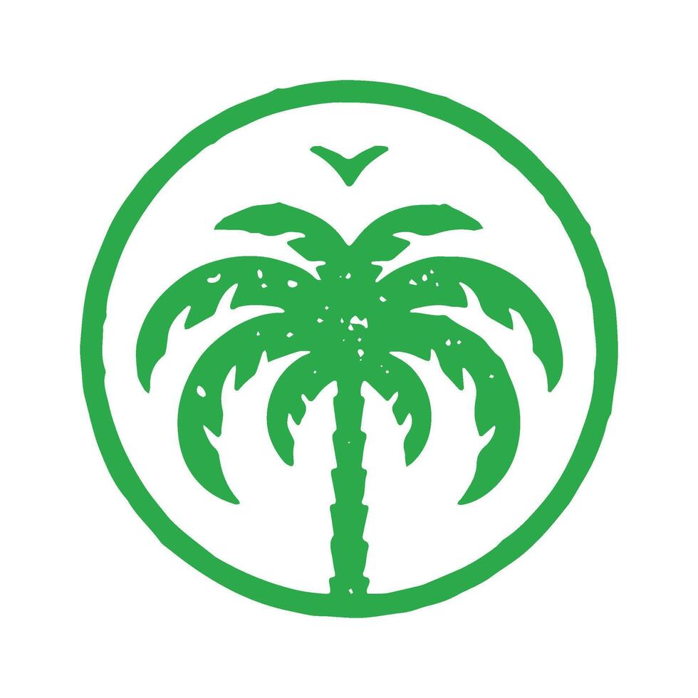 Tropical resort travel vacation logotype with palm tree and seagull in circle frame grunge texture vector