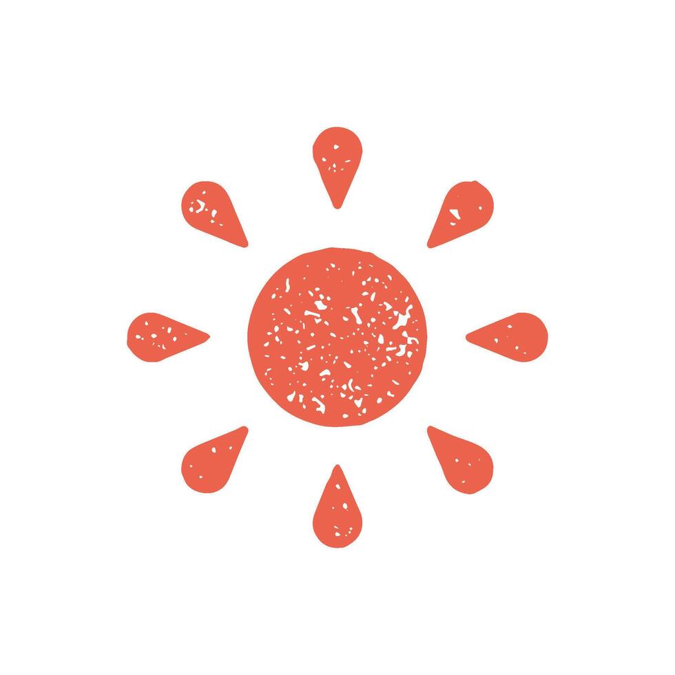 Hand drawn decorative childish red sun with rays logotype of summer travel vacation grunge texture vector