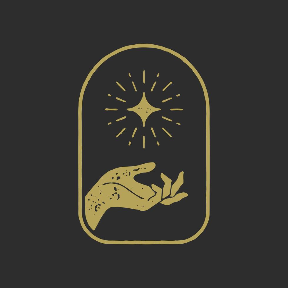 Antique human hand holding natural shining star with beams esoteric magic in rounded golden board vector