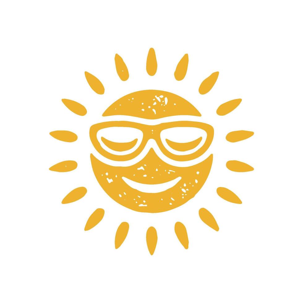 Cute yellow sun smiling face wearing sunglasses with bright rays decorative design grunge texture vector