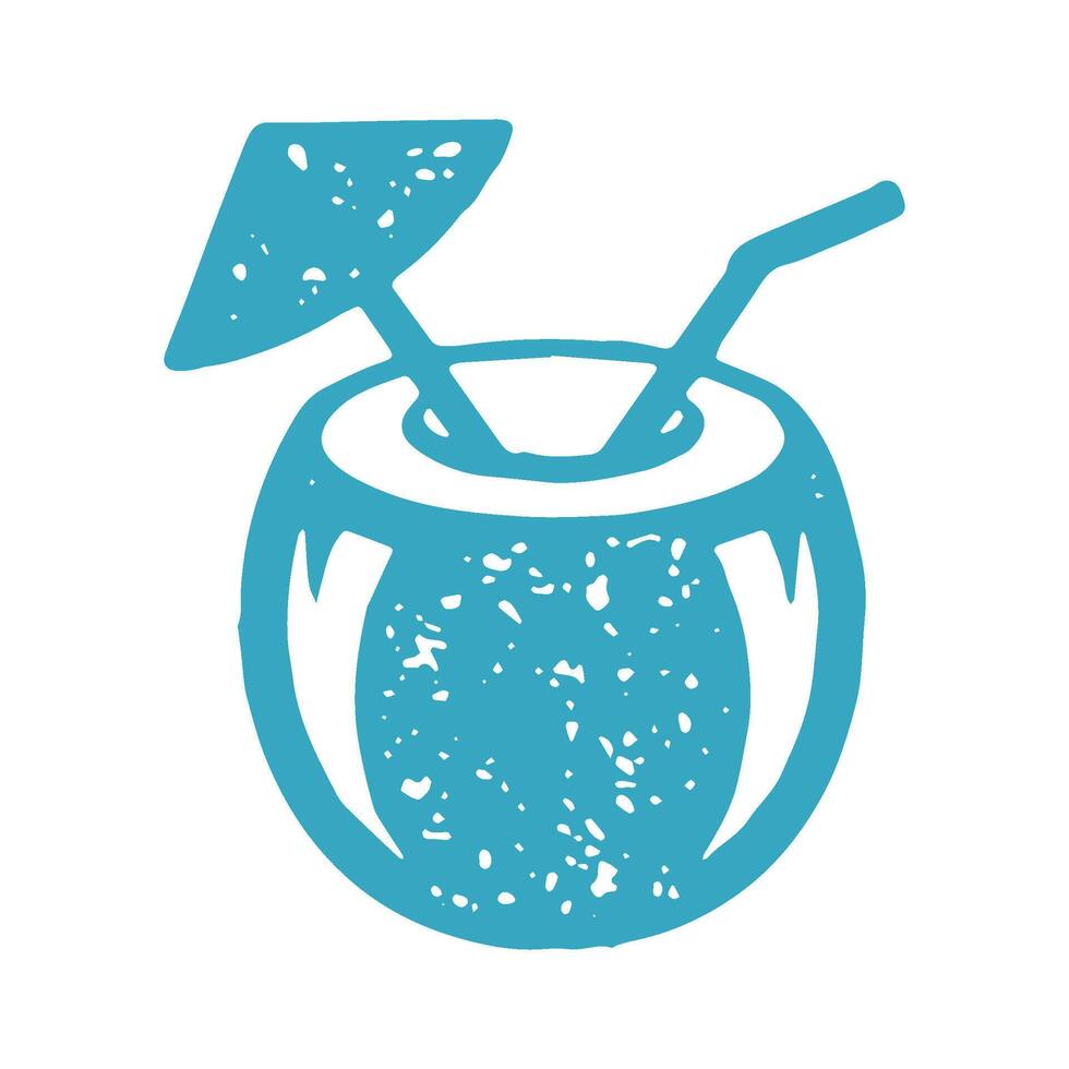 Coconut summer cocktail straw and umbrella refreshing natural beverage blue logotype grunge texture vector