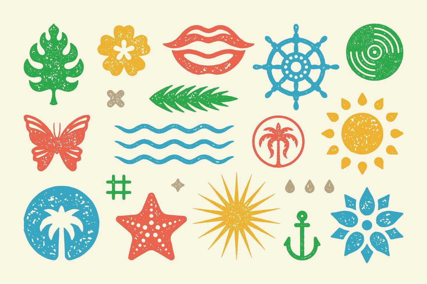 Summer symbols and objects set illustration. Joyful lips smile with bright sun and tropical leaves vector