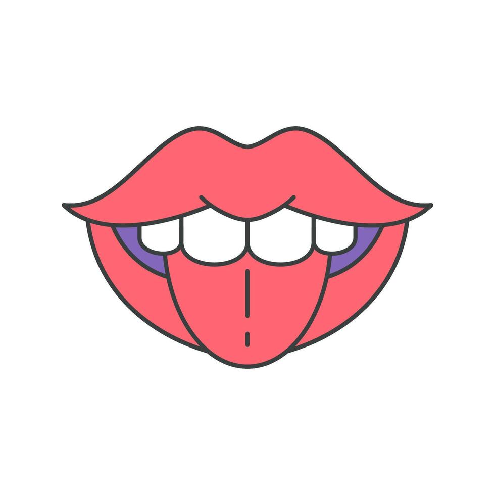 Flirting woman open mouth white teeth showing tongue pop art groovy style t shirt print vector