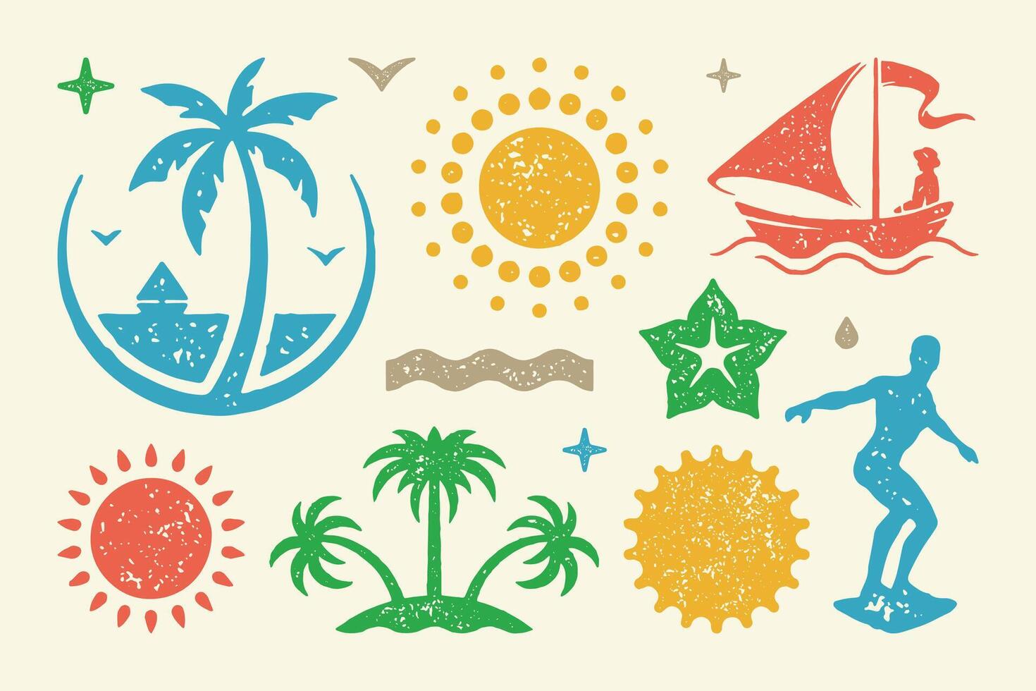 Summer symbols and objects set illustration. Bright sun and female silhouette of boat vector