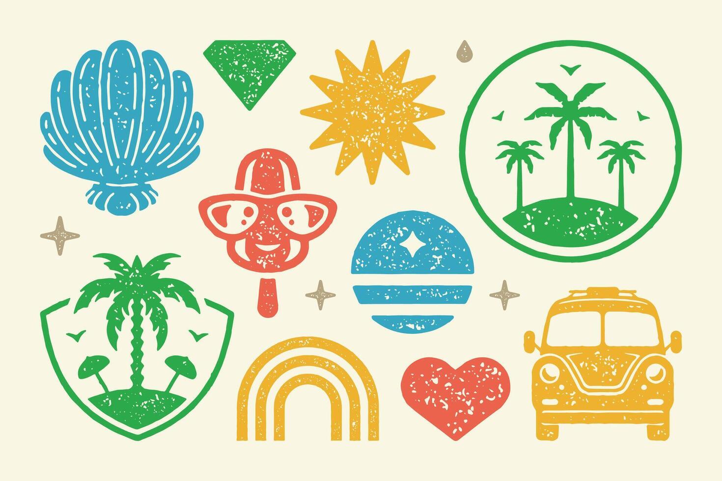 Summer symbols and objects set illustration. Tropical island with palm trees and umbrellas vector