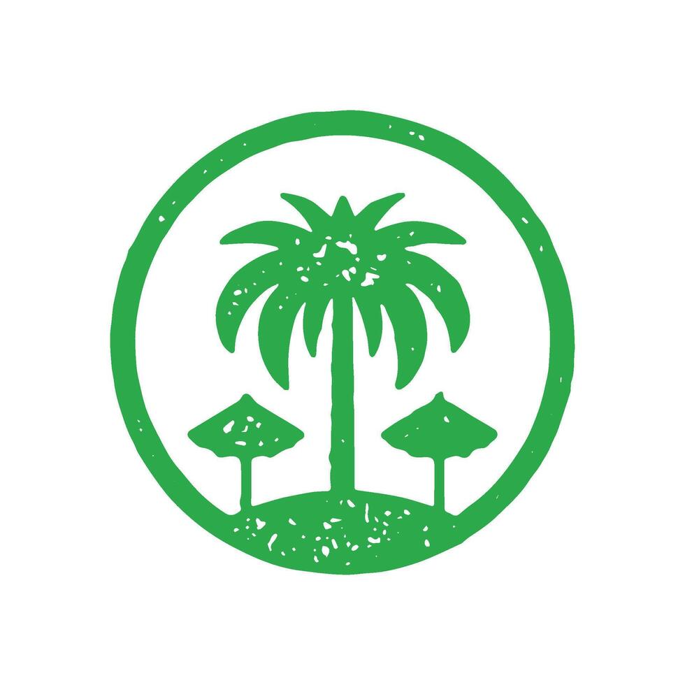 Tropical luxury resort with palm tree and two sunbathing umbrella in circle frame green hand drawn vector