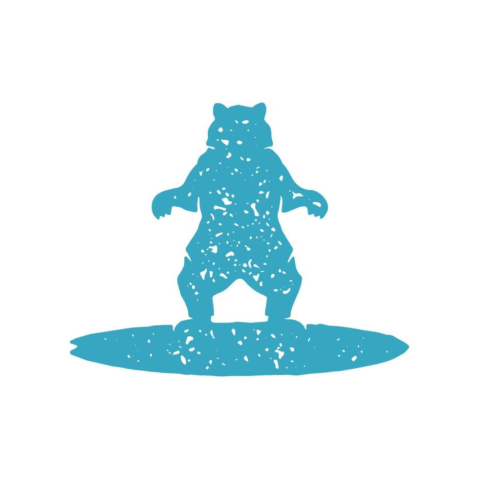 Wild dangerous bear standing on surfboard two paws powerful carnivorous furry animal grunge texture vector