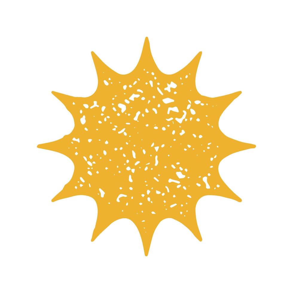 Hand drawn bright yellow summer sun with thorn beams glow minimalist grunge texture vector