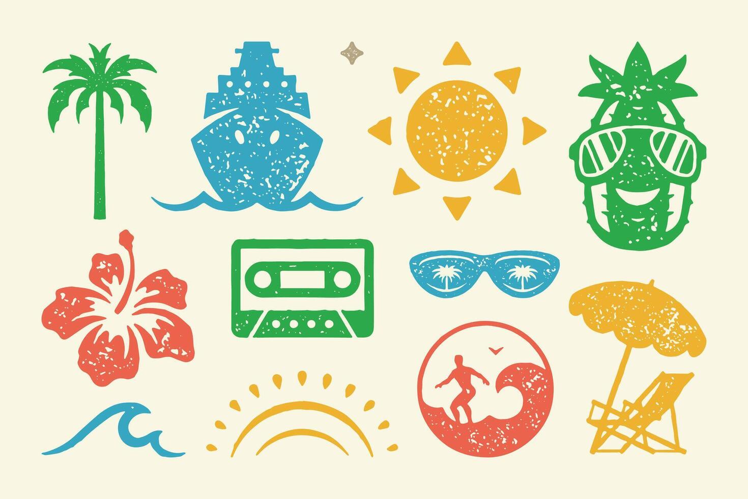 Summer symbols and objects set illustration. Bright warm sun illuminates and blossoming flower vector