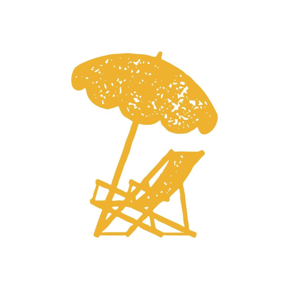 Hand drawn simple yellow logo chaise lounge with umbrella summer beach resort sunbathing recreation vector