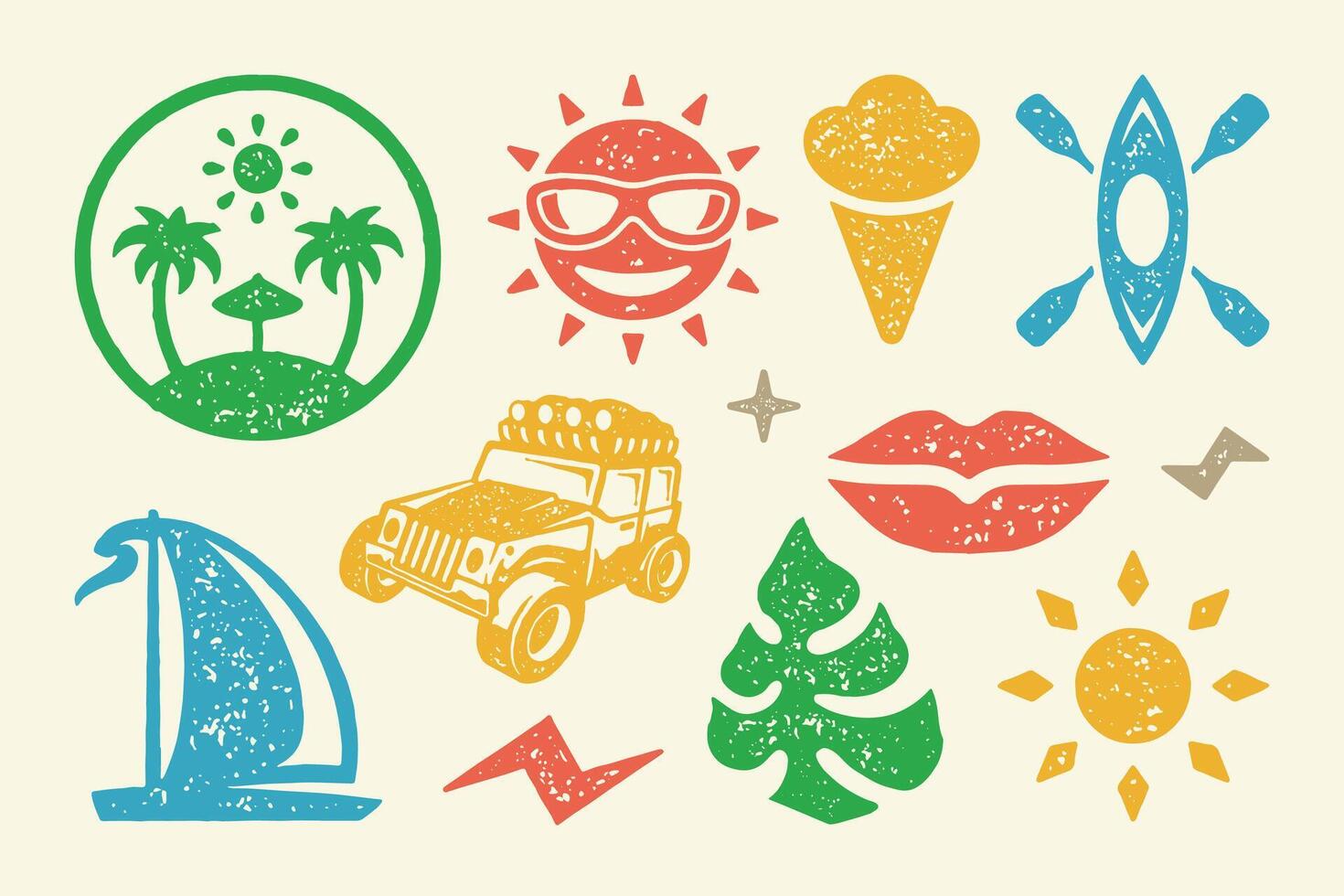 Summer symbols and objects set illustration. Jeep for travel with rowboat and sailboat vector
