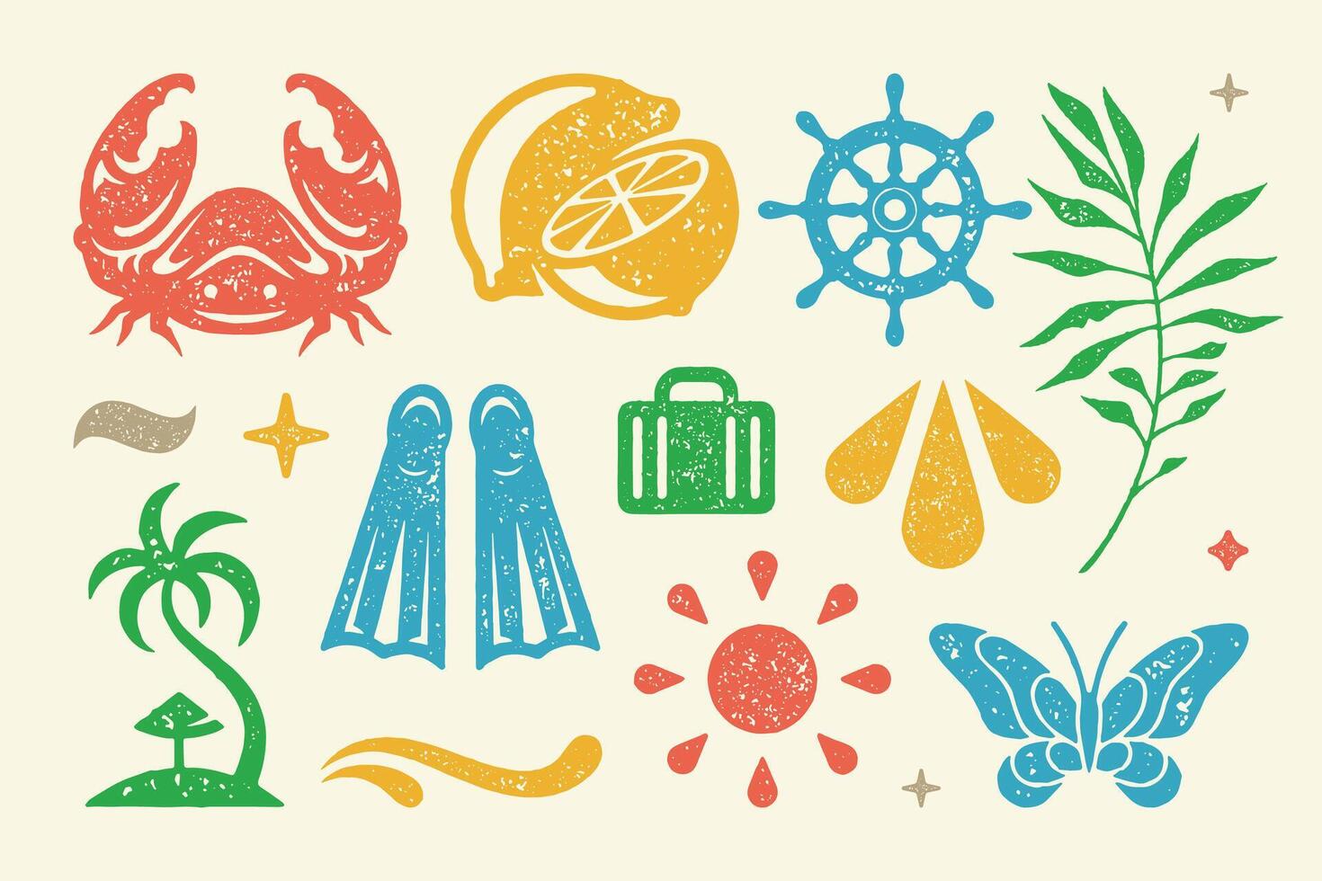 Summer symbols and objects set illustration. Cut lemon wedges and bright sun for pleasant stay vector