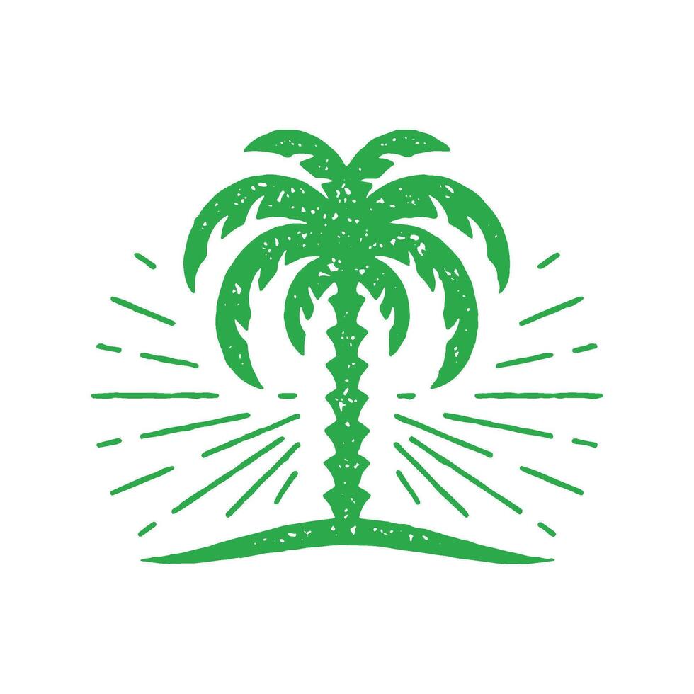 Minimalist hand drawn bright tropical palm tree shining decorative design green grunge texture vector