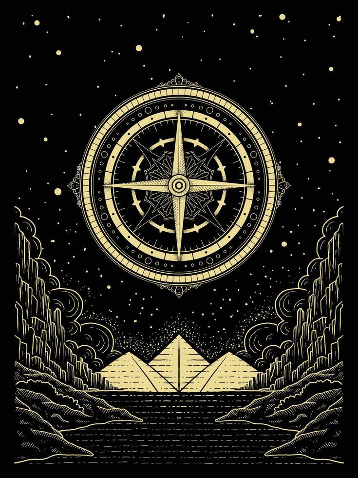 Mystical Compass Journey to Another Dimension in Hand Drawn Engraving and Pointillism Style vector