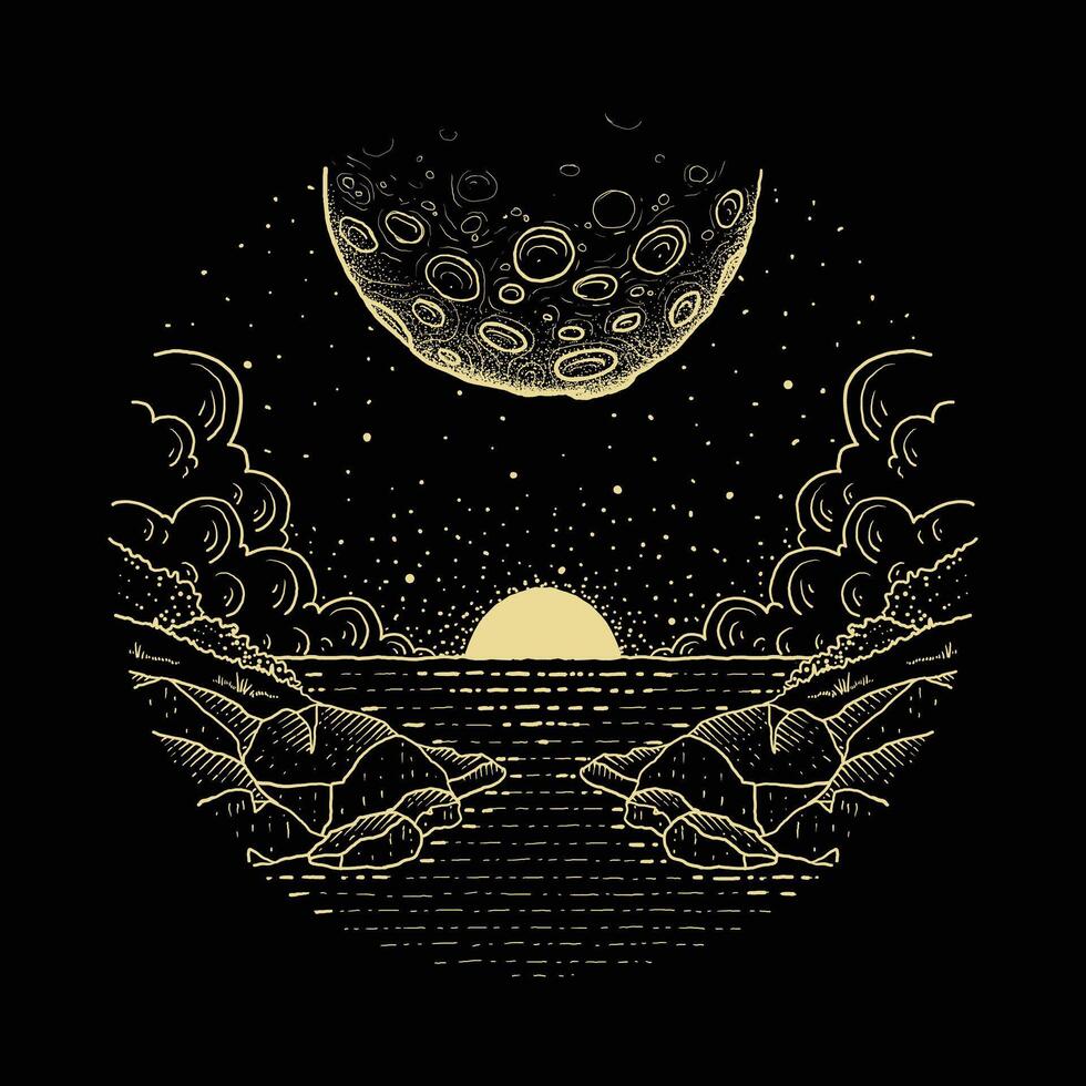 Hand drawn art of an evening sea view with a planet or moon nearby. vector