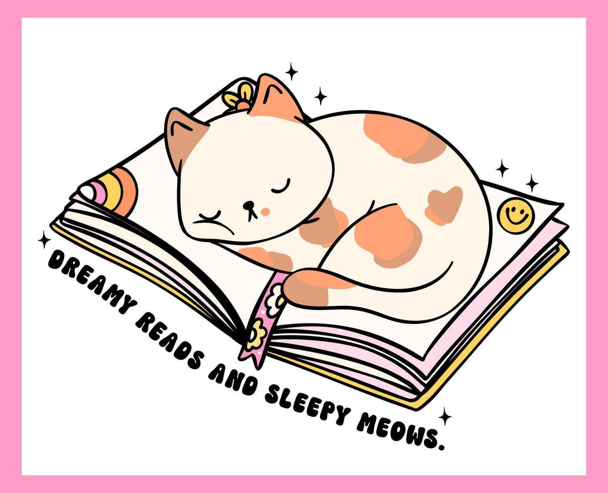 Cozy Book Vibe Retro Groovy Cat calico sleeping on book, vibrant and bold cartoon doodle drawing. vector