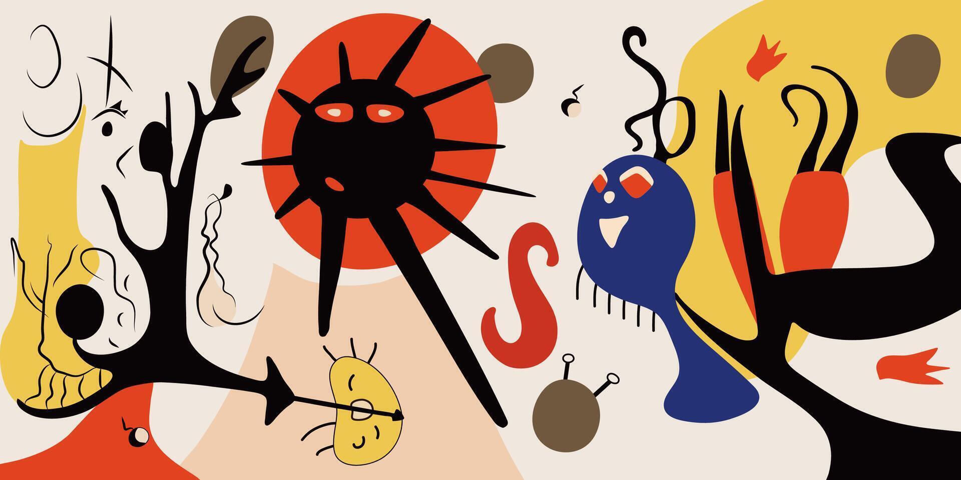 Surreal art illustration in Joan Miro style. Abstract Painting with Geometric Shapes. vector