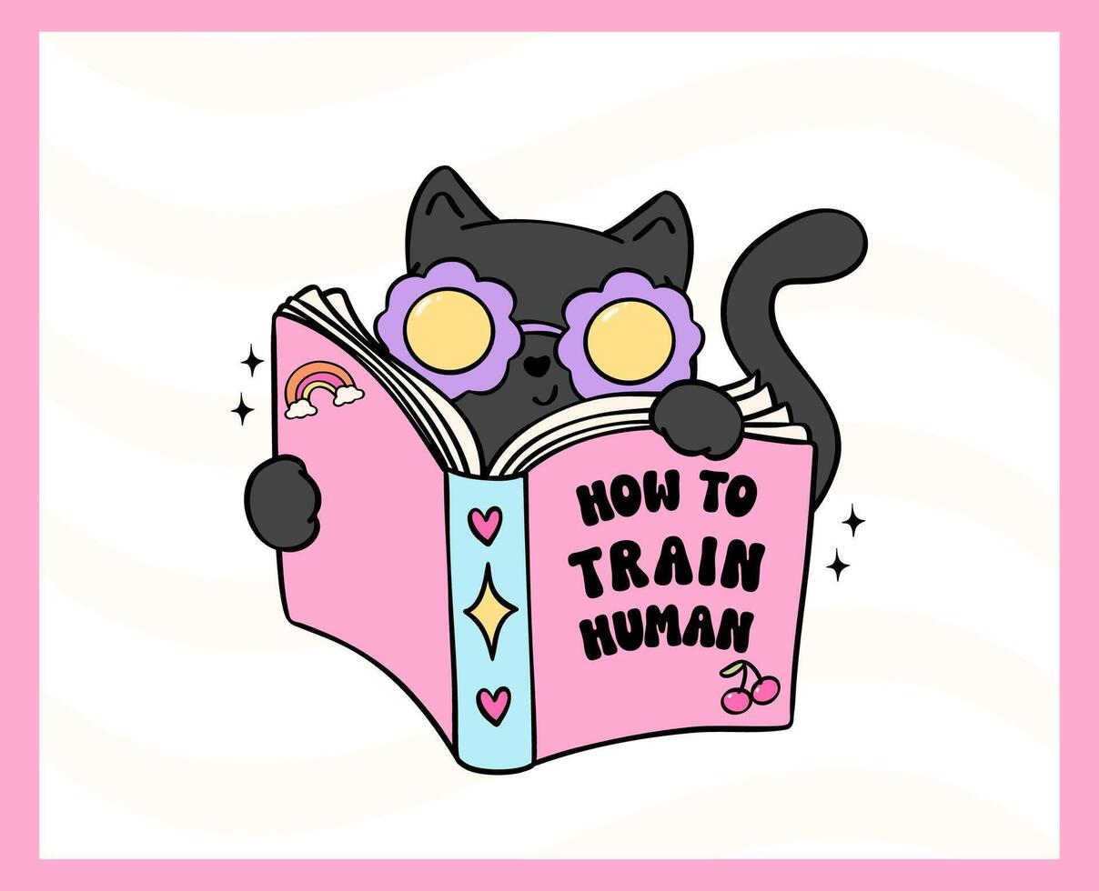 Retro Groovy cat reading book how to train human funny sticker vibrant and bold cartoon doodle drawing. vector