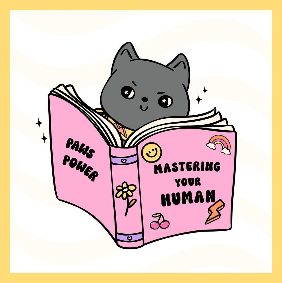 Retro Groovy cat reading book to control human funny sticker vibrant and bold cartoon doodle drawing. vector