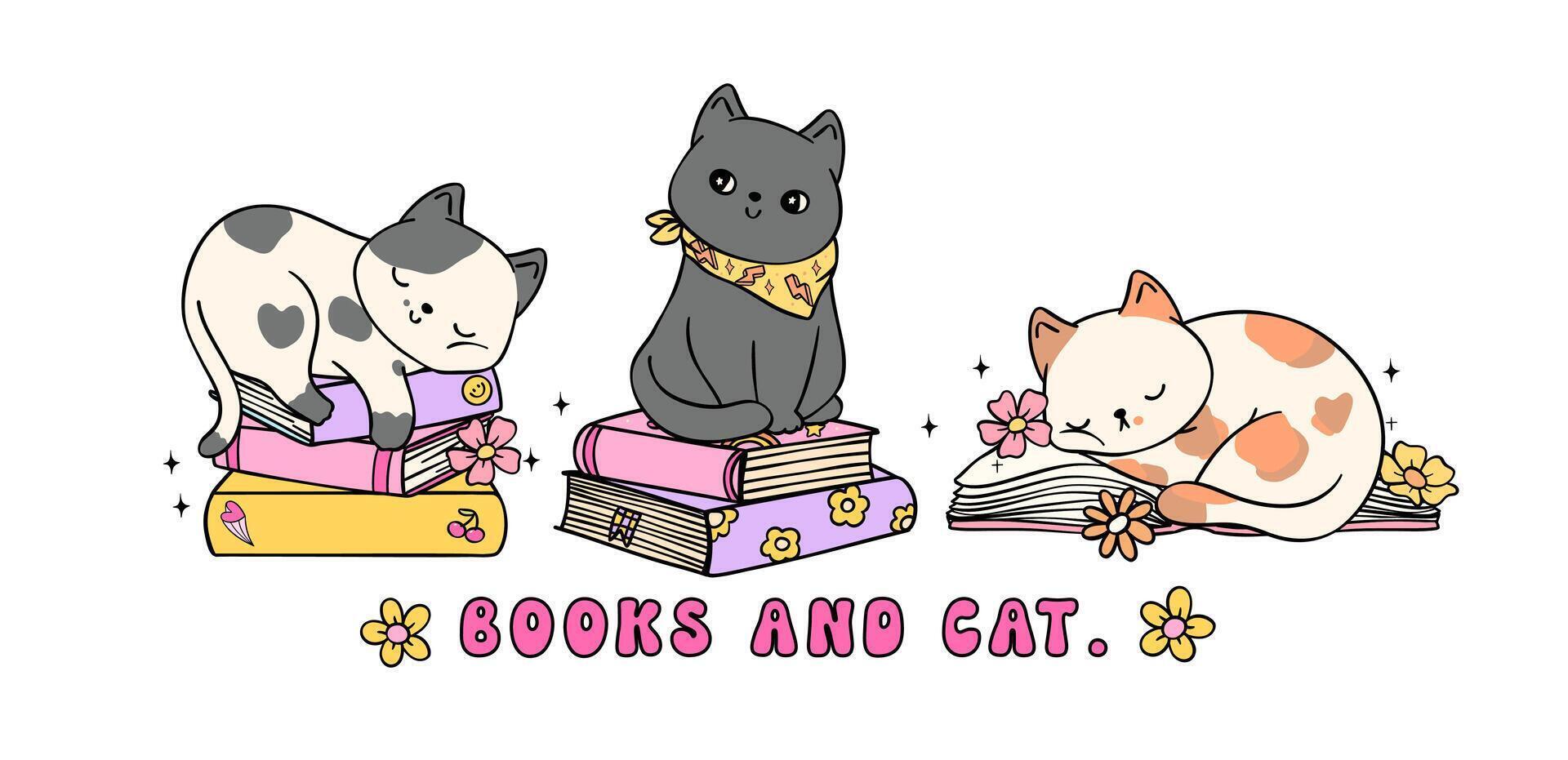 Cozy Book Vibe Retro Groovy books and cat banner vibrant and bold cartoon doodle drawing. vector