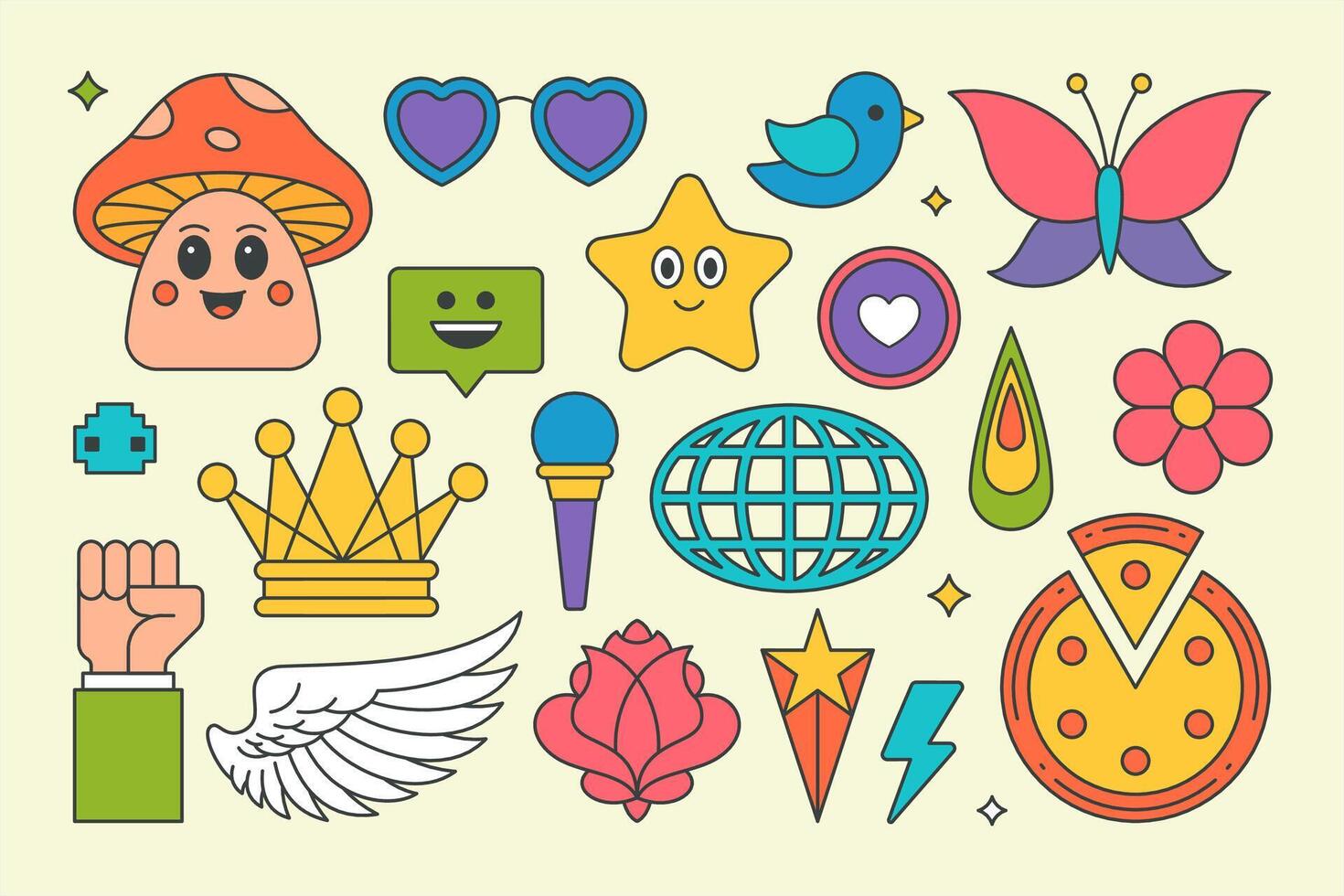 Collection colored elements summer design pop art groovy style cartoon illustration vector