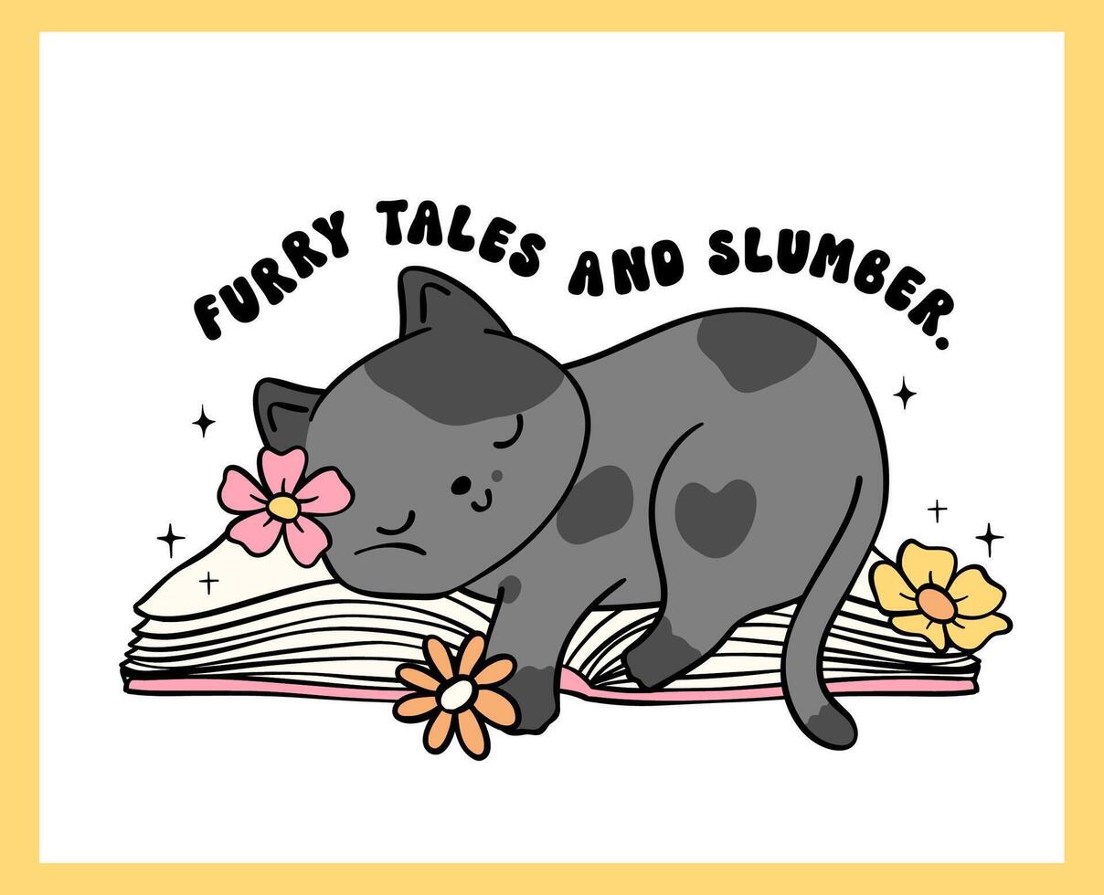 Cozy Book Vibe Retro Groovy Cat sleeping on opened book, vibrant and bold cartoon doodle drawing. vector