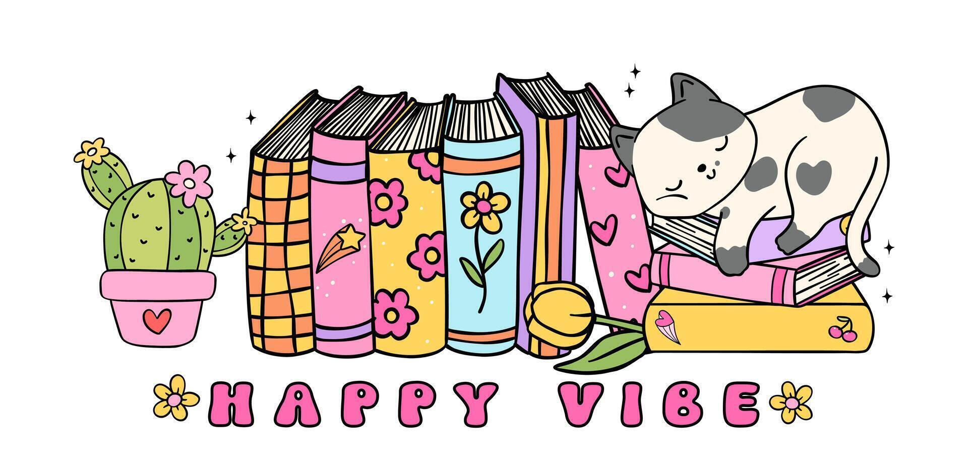 Cozy Book Vibe Retro Groovy Cat sleeping on books banner vibrant and bold cartoon doodle drawing. vector