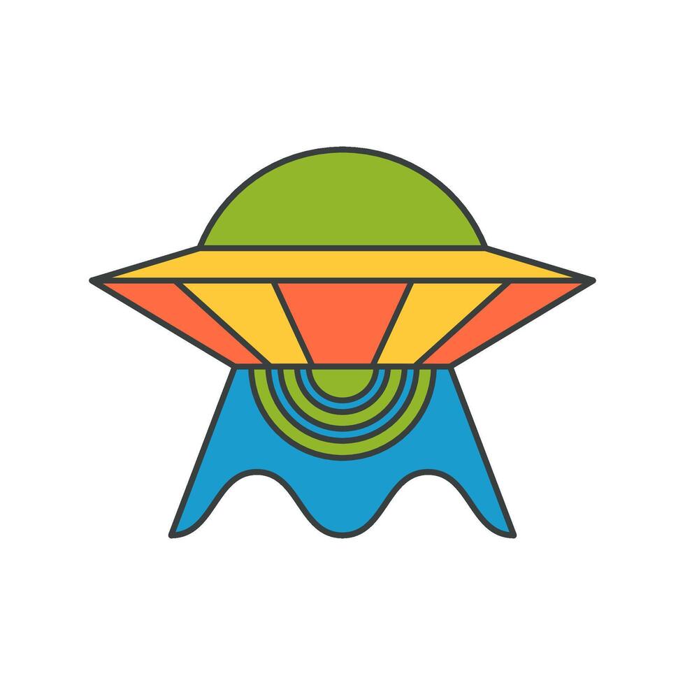 Abstract multicolored flying saucer UFO pop art groovy style t shirt print design cartoon vector