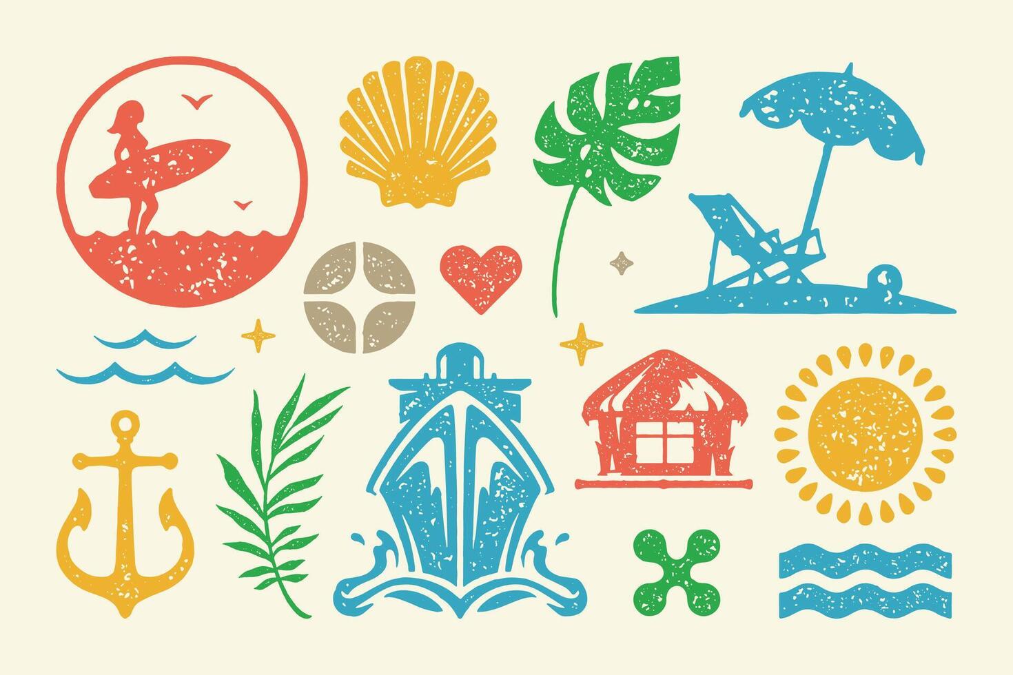 Summer symbols and objects set illustration. Tropical sunbed under umbrella and sun with sea ship vector