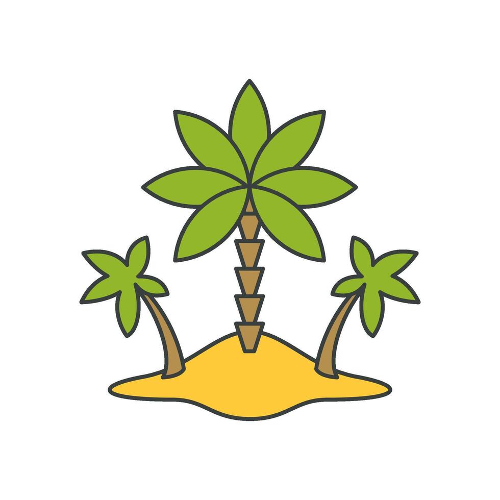 Uninhabited sand island three palm trees summer travel vacation pop art groovy style cartoon vector