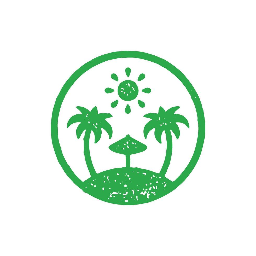 Summer tropical island luxury resort circle frame emblem green hand drawn grunge texture vector