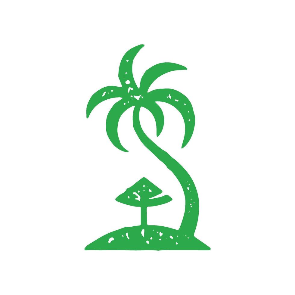 Curved natural palm tree with sun umbrella on wild island at ocean monochrome grunge texture vector