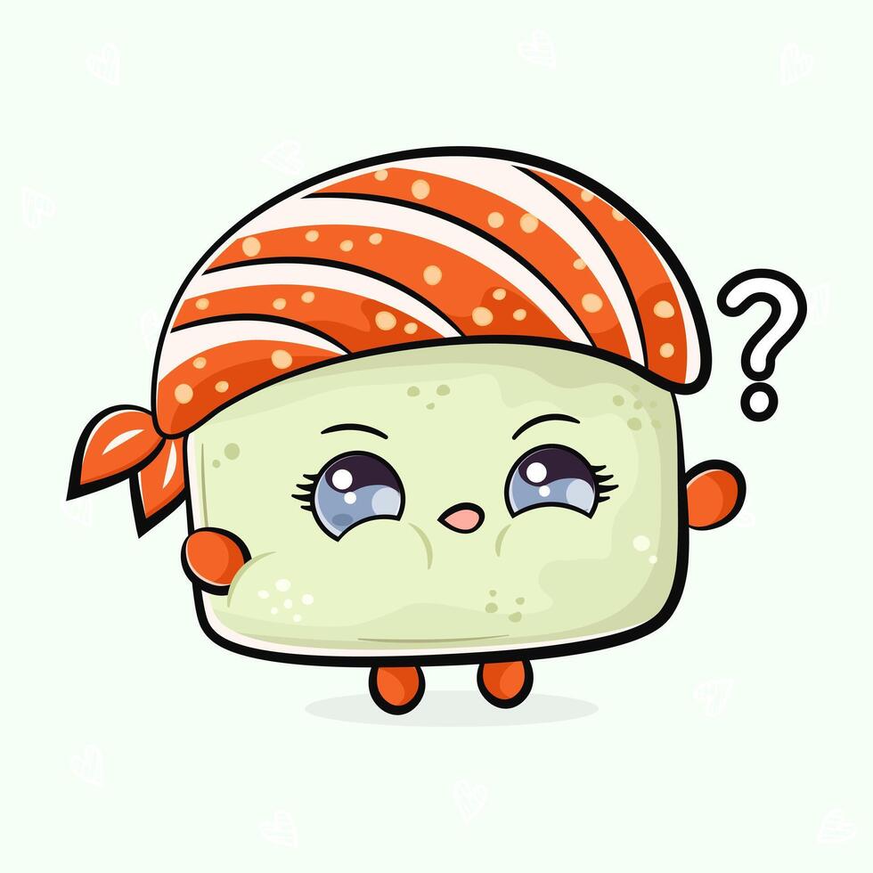 Sushi and question mark. Hand drawn cartoon kawaii character illustration icon. Isolated on light green background. Sushi character concept vector