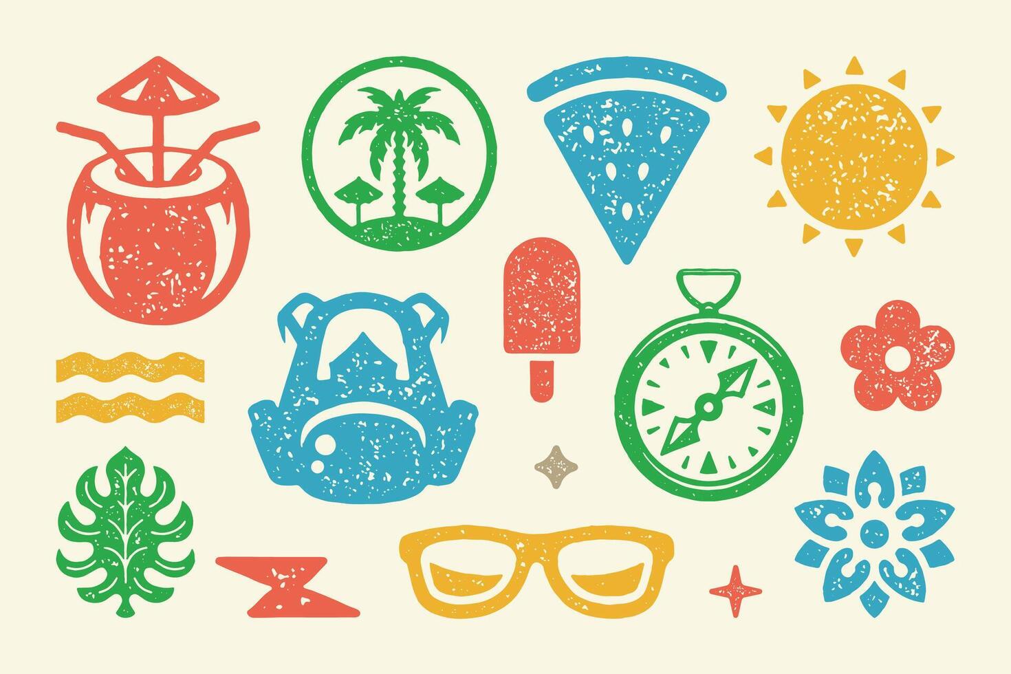 Summer symbols and objects set illustration. Tropical island with palm trees and canopy vector
