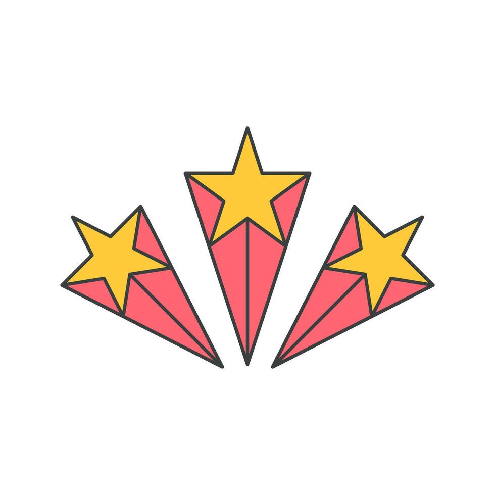 Three yellow five pointed shining stars galaxy glow achievement composition pop art groovy vector