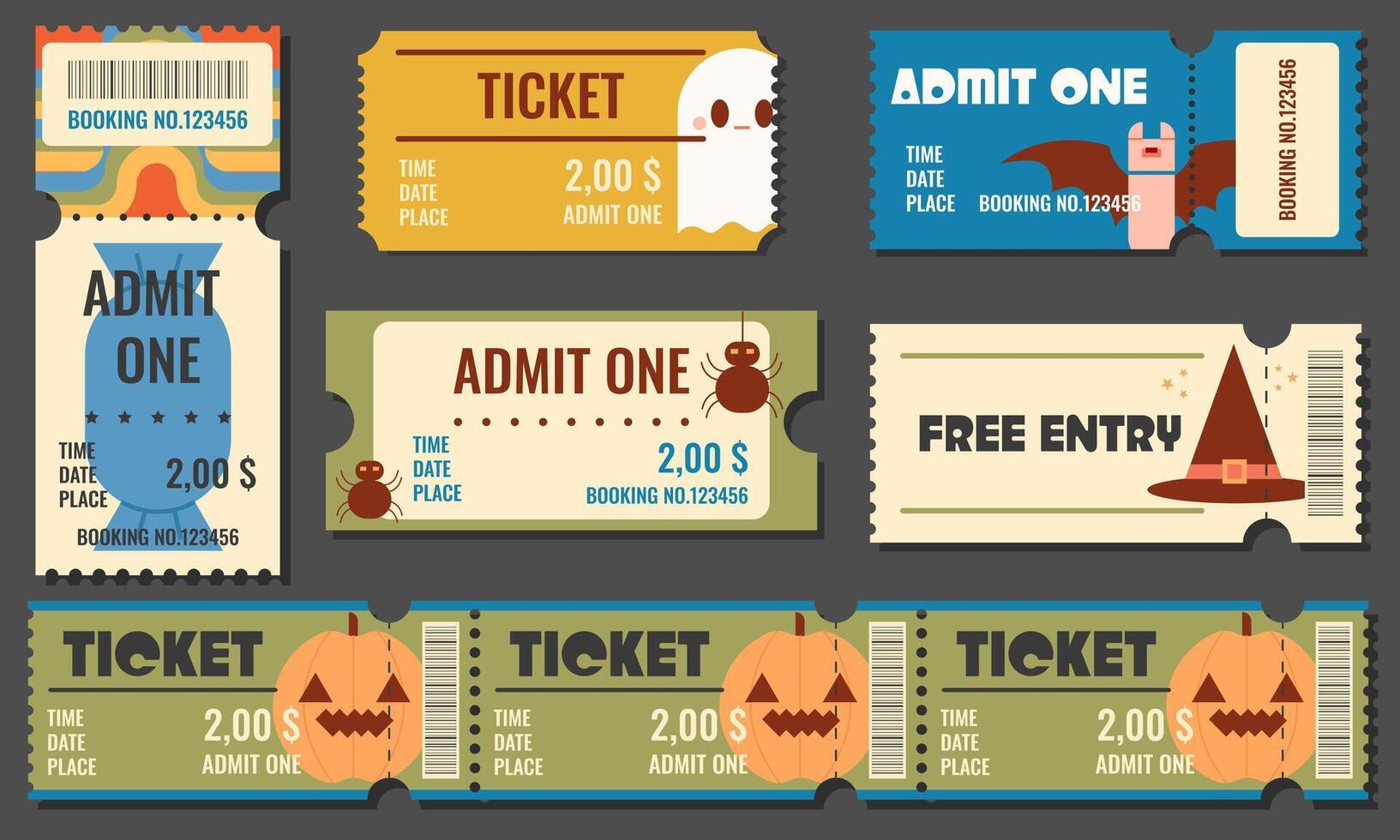 Funny Halloween tickets. Admit one coupon templates for Halloween Party.Paper ticket stubs and entrance pass set with candy,spider,pumpkin and other Haloween symbols. illustration EPS 10 vector