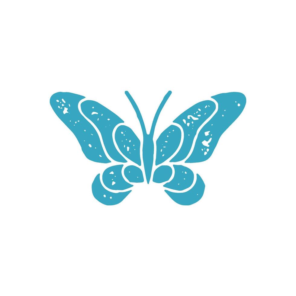 Monochrome blue ornamental butterfly with curved wings and mustache decorative design grunge texture vector