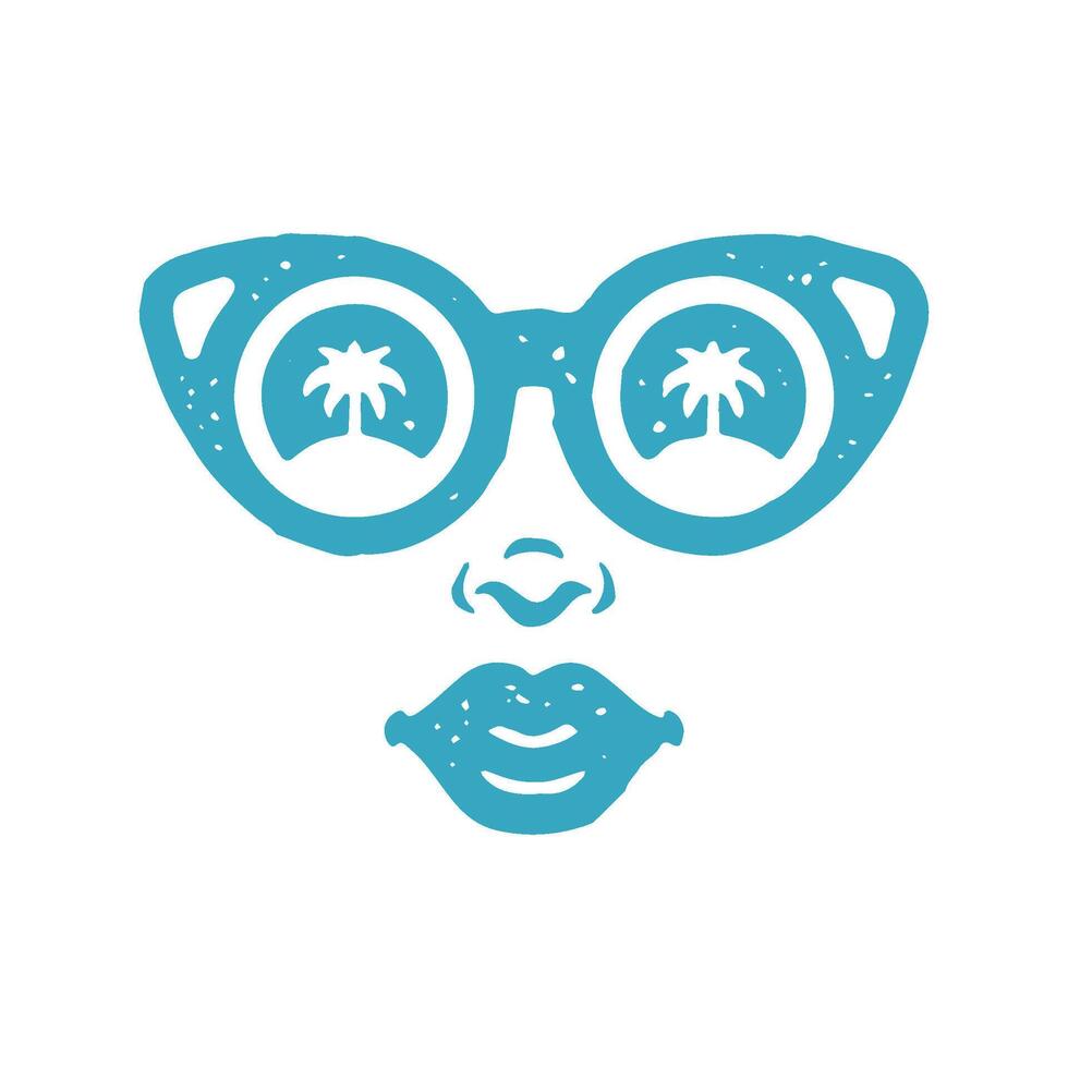 Abstract female face lips mouth and nose wearing fashion sunglasses with reflected palm trees vector