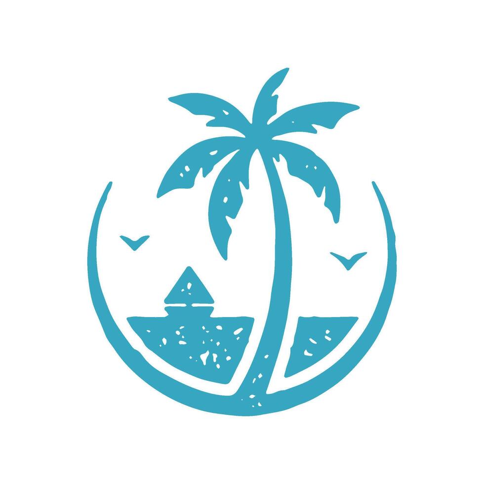Blue hand drawn summer vacation circle emblem with palm tree, beach, sailboat and seagulls vector